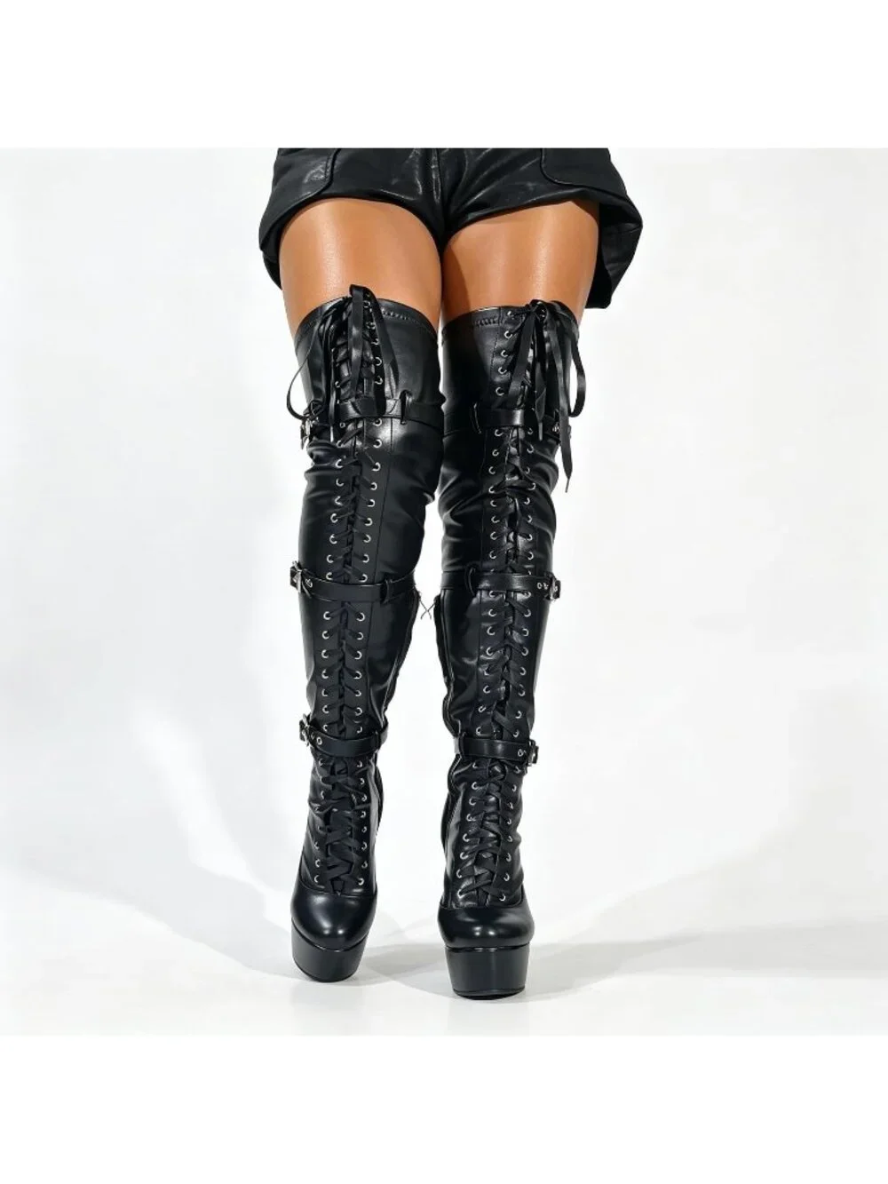 🆕Womens Black Faux Leather Platform Stiletto Adjustable Calf Over The Knee Boot